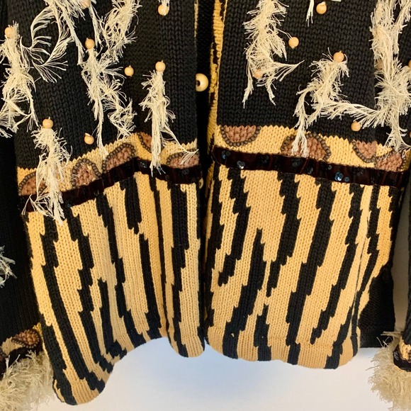 Storybook Knits Wildlife Expressions Tiger Print Faux Fur Trim Cardigan XS Black - Picture 10 of 15